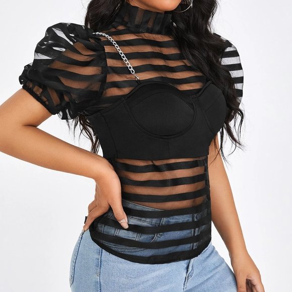 SHEIN | Puff Sleeve Mesh Top (NWT) - Picture 3 of 6